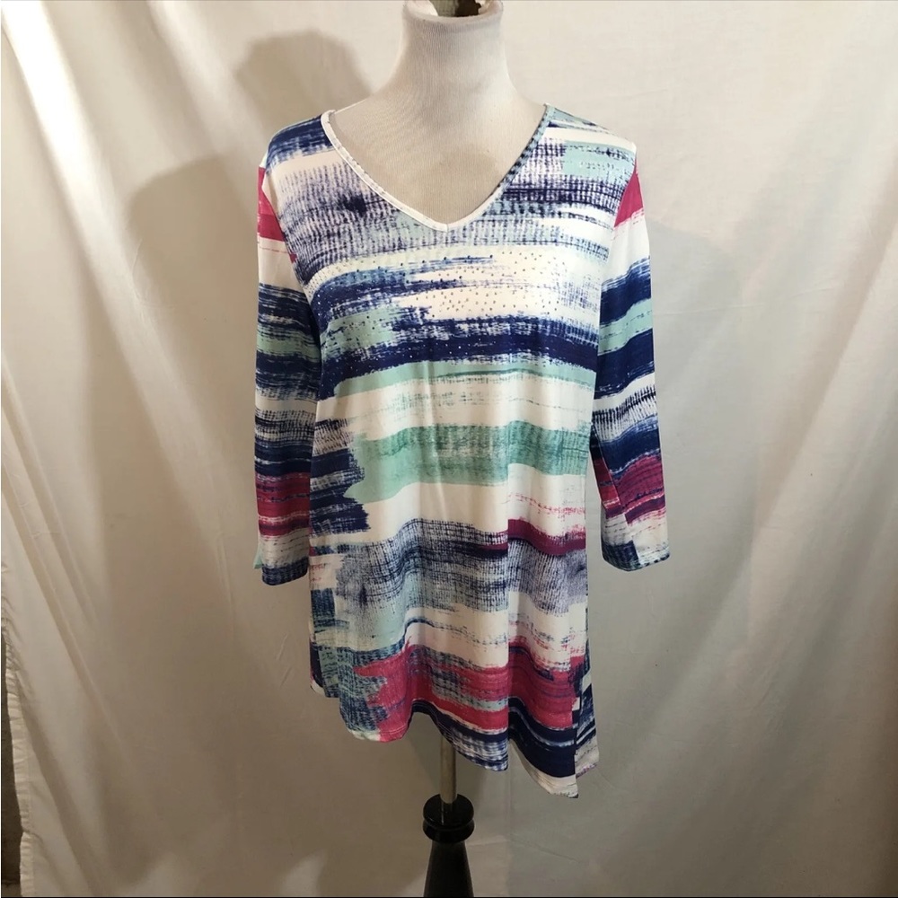 Christopher & Banks Aqua, Blue, Pink 3/4 Flare Sleeve Top - Women’s L, NWT